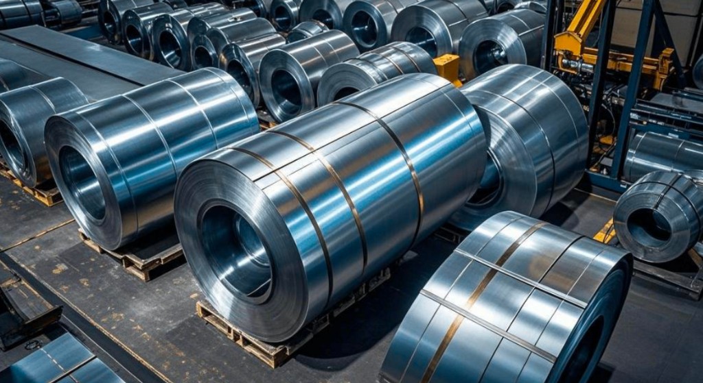 Rolled steel coils representing international metal trade
