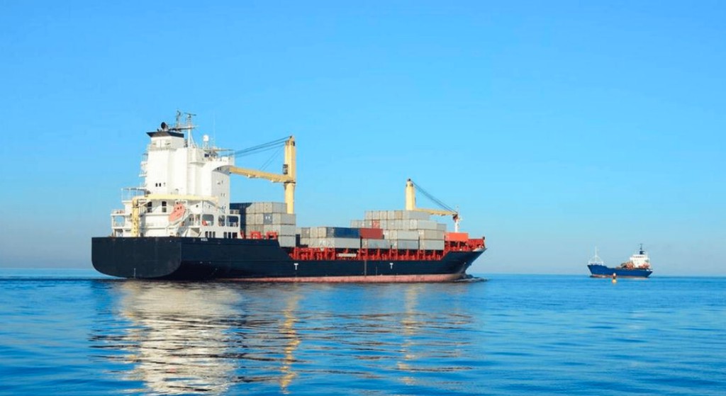 Container ship transporting international trade cargo